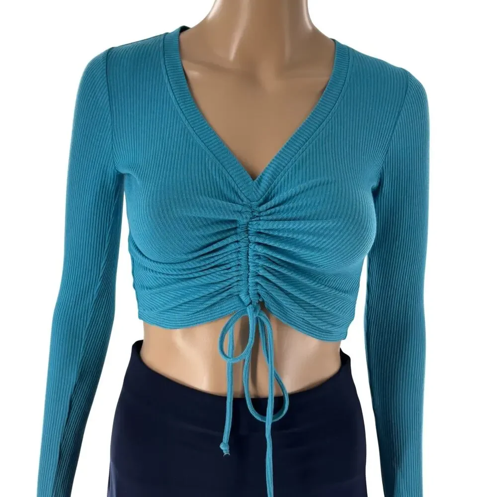 Alo Yoga Blue Ribbed Cinch Ruched Crop Top